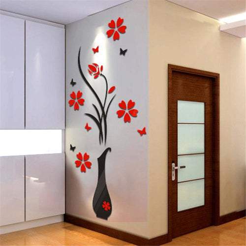 Vase Flower Tree Crystal Acrylic 3D Black Wall Stickers Decal
